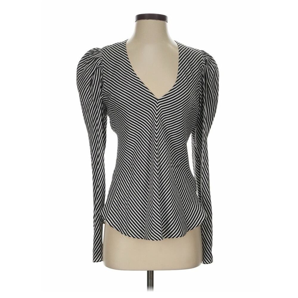 Frame S Silk Striped Black And White Striped Mutton Sleeved Top NWOT